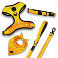 Load image into Gallery viewer, Urokomon Bundle | Anime Dog Harness + Collar + Leash + Cooling Bandana | Japanese Orange & Yellow Triangle Pattern