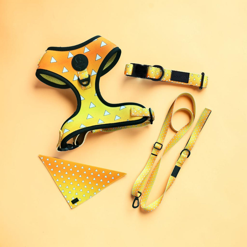 Urokomon Bundle | Dog Harness, Leash, Collar, Bandana | Japanese Anime Pattern | Orange & Yellow Triangles
