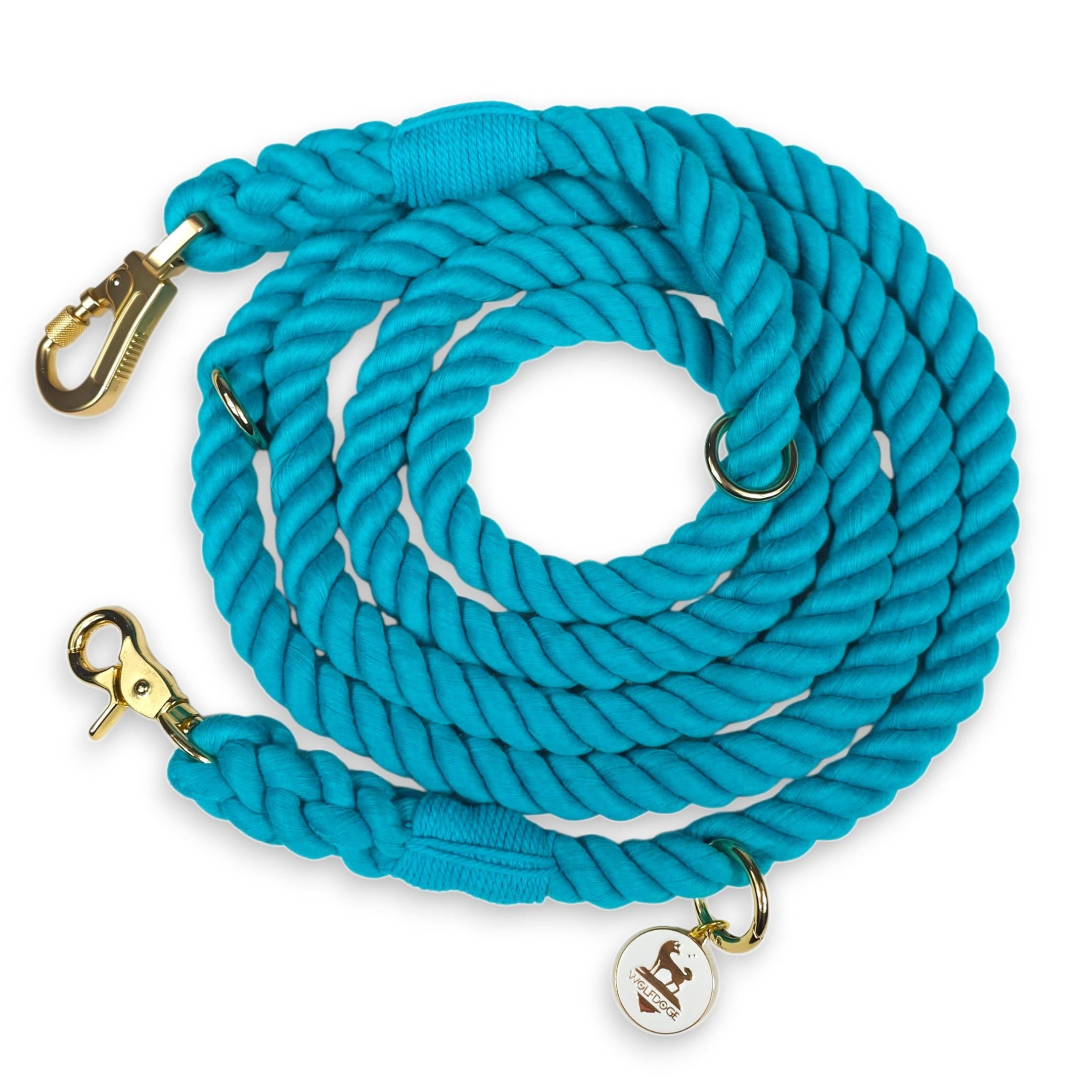 Wolfdoge 7.5 Ft Hands-Fee Rope Leash | 100% Cotton Braided Rope Dog Lead | Aqua