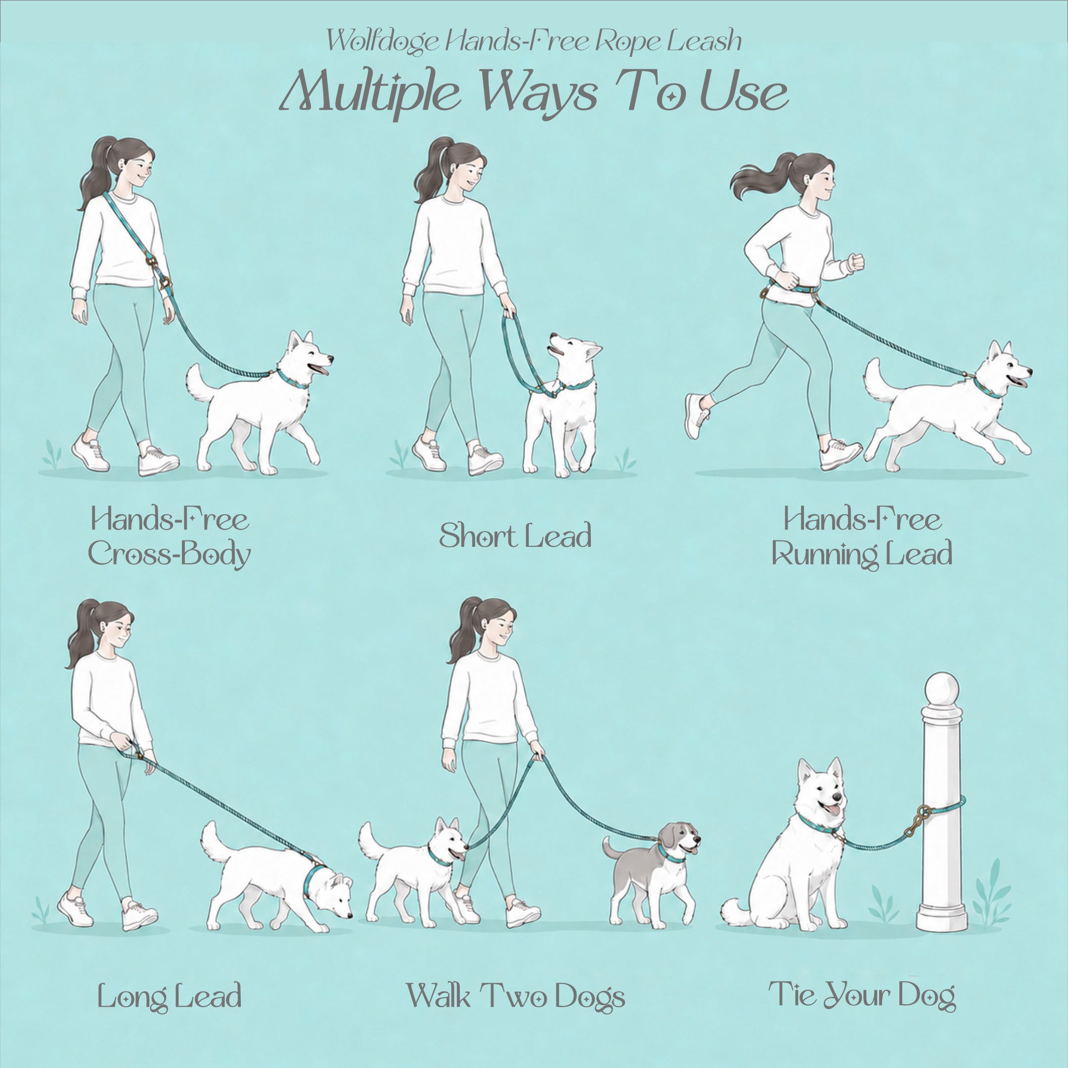 Wolfdoge 7.5 Ft Hands-Fee Rope Leash | 100% Cotton Braided Rope Dog Lead | Multiple Ways To Use