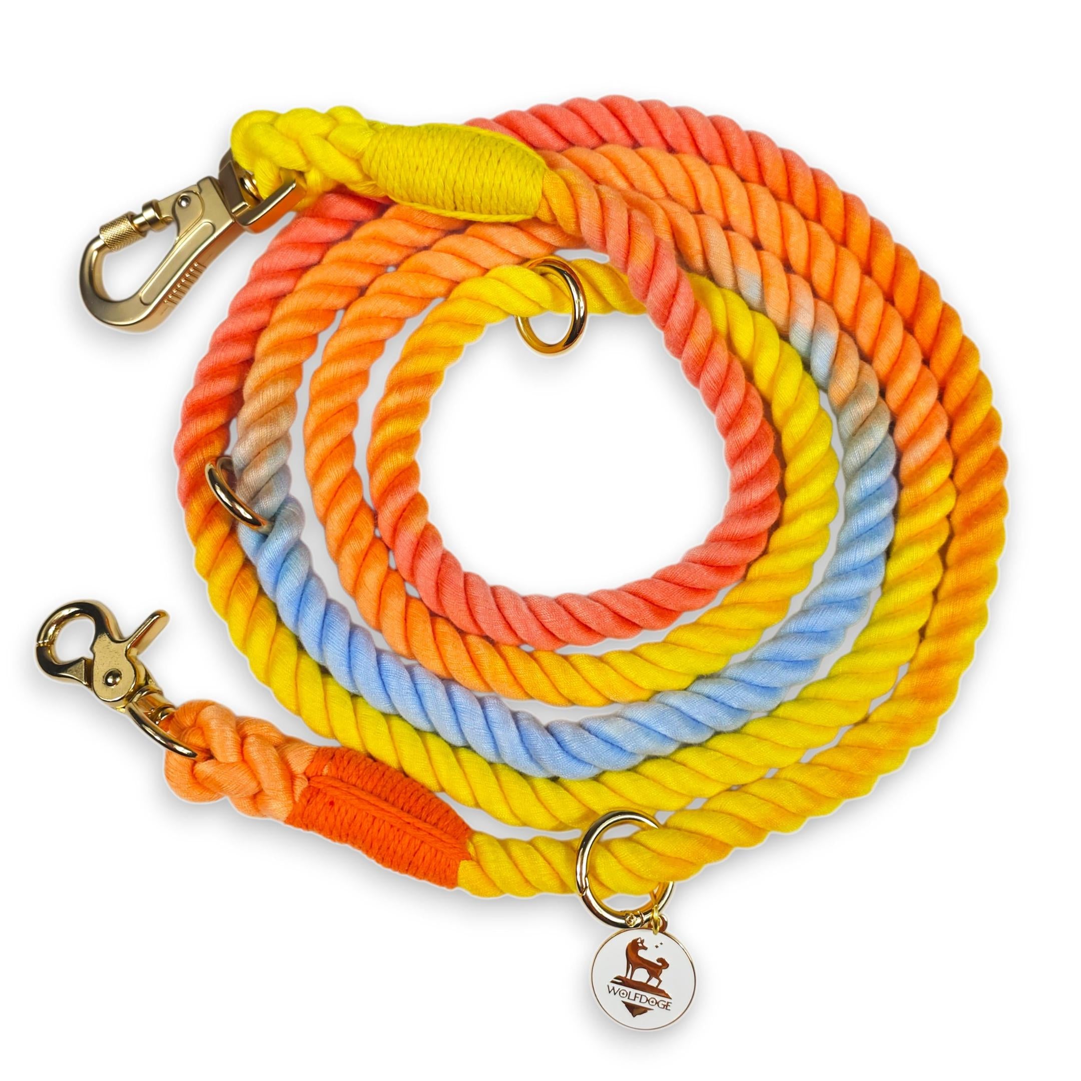 Wolfdoge 7.5 Ft Hands-Fee Rope Leash | 100% Cotton Braided Rope Dog Lead | Rainbow Ombré