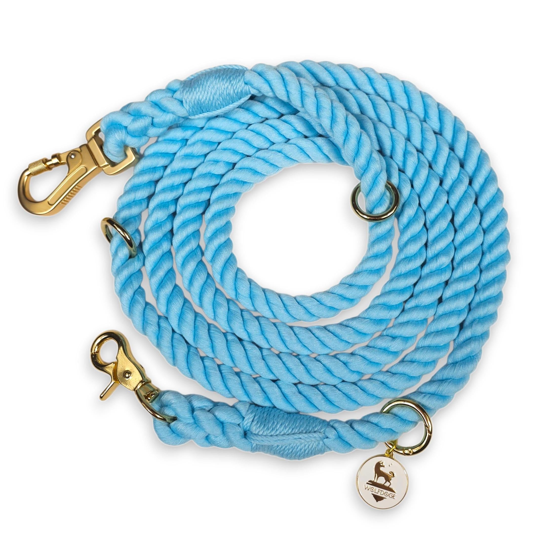 Wolfdoge 7.5 Ft Hands-Fee Rope Leash | 100% Cotton Braided Rope Dog Lead | Sky Blue
